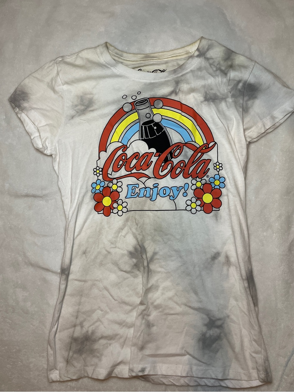 Coca Cola White and Gray Tie-dye Kids Tee with Rainbow 'Enjoy' Graphic